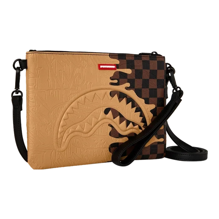 HypeSelection Sprayground crossover clutch featuring a tan embossed shark design and brown checkered drip pattern.