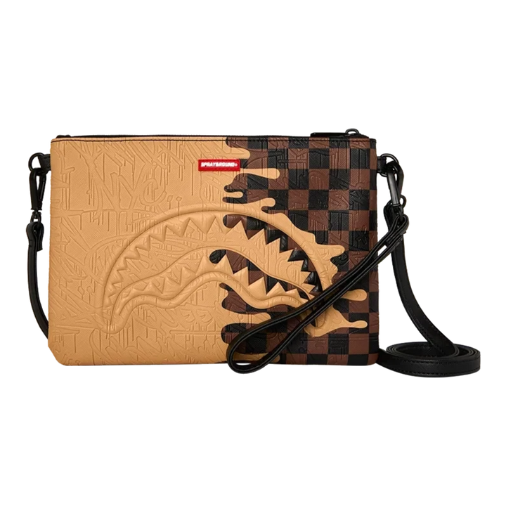 HypeSelection Sprayground crossover clutch featuring a tan and brown checkered drip design with a shark mouth graphic.