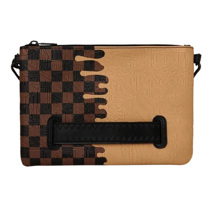 HypeSelection Sprayground crossover clutch featuring a brown checkerboard and tan drip effect graphic design.