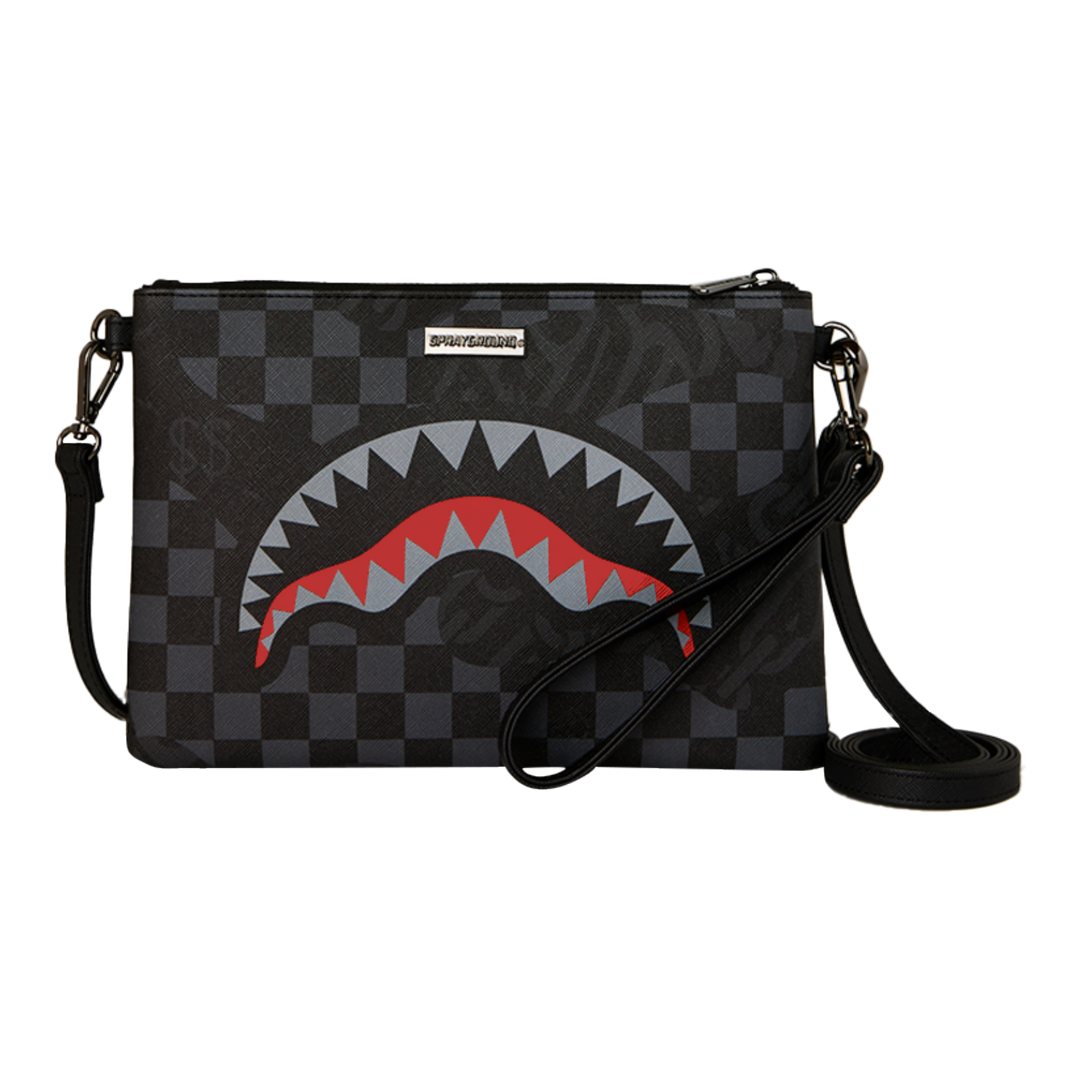 HypeSelection Sprayground 4AM Eclipse crossover clutch featuring a black and grey checkerboard pattern with shark mouth