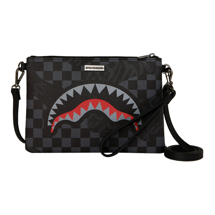 HypeSelection Sprayground 4AM Eclipse crossover clutch featuring a black and grey checkerboard pattern with shark mouth