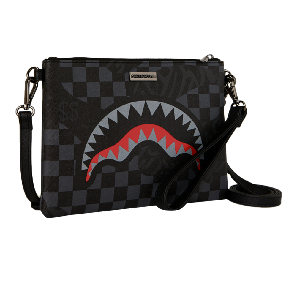 HypeSelection Sprayground 4AM Eclipse clutch featuring a black and grey checkerboard pattern with iconic shark mouth