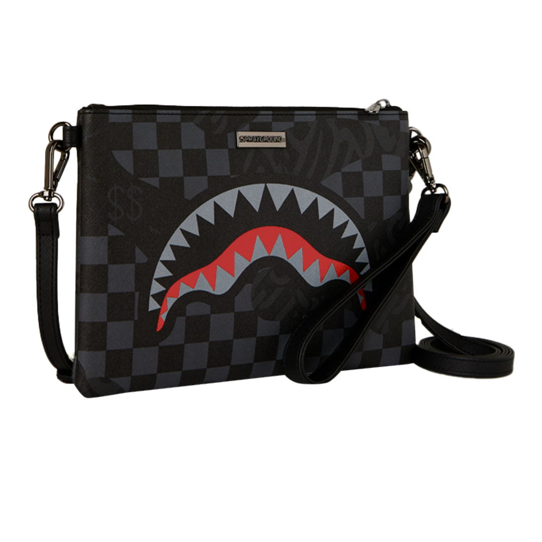 HypeSelection Sprayground 4AM Eclipse clutch featuring a black and grey checkerboard pattern with iconic shark mouth