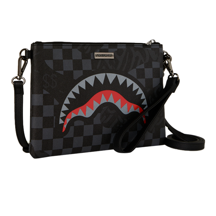 HypeSelection Sprayground 4AM Eclipse clutch featuring a black and grey checkerboard pattern with iconic shark mouth