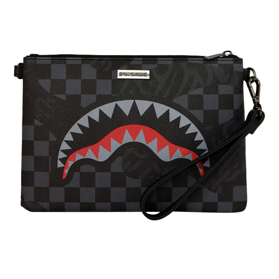 HypeSelection Sprayground 4AM Eclipse clutch featuring a grey checkered pattern and iconic red shark mouth graphic.