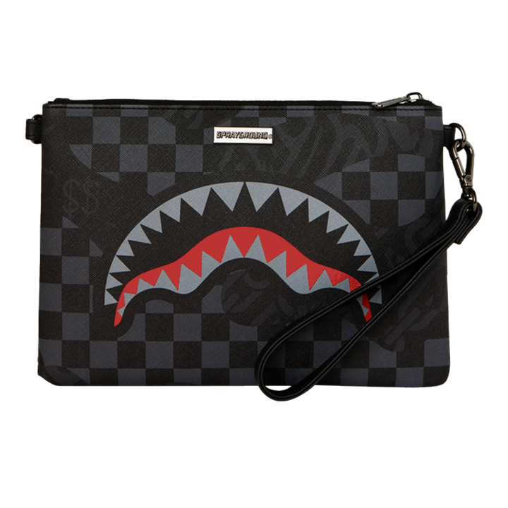HypeSelection Sprayground 4AM Eclipse clutch featuring a grey checkered pattern and iconic red shark mouth graphic.