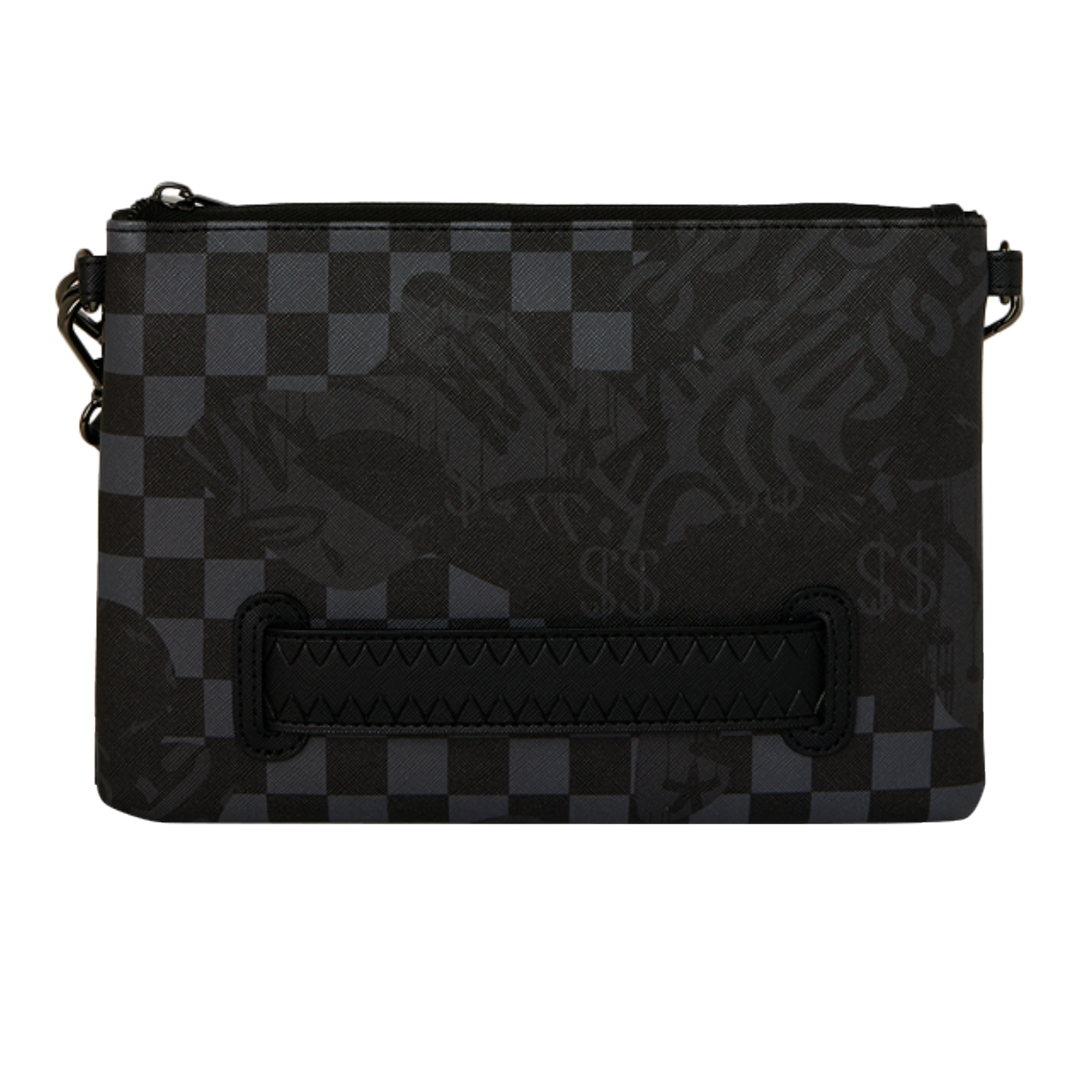 HypeSelection Sprayground 4AM Eclipse clutch in black and grey checkered print with graphic details and wrist strap