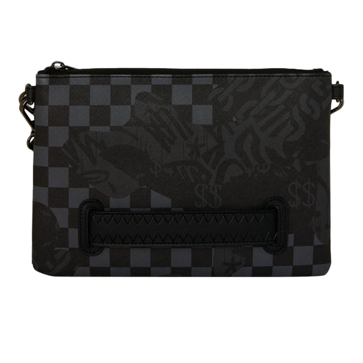 HypeSelection Sprayground 4AM Eclipse clutch in black and grey checkered print with graphic details and wrist strap