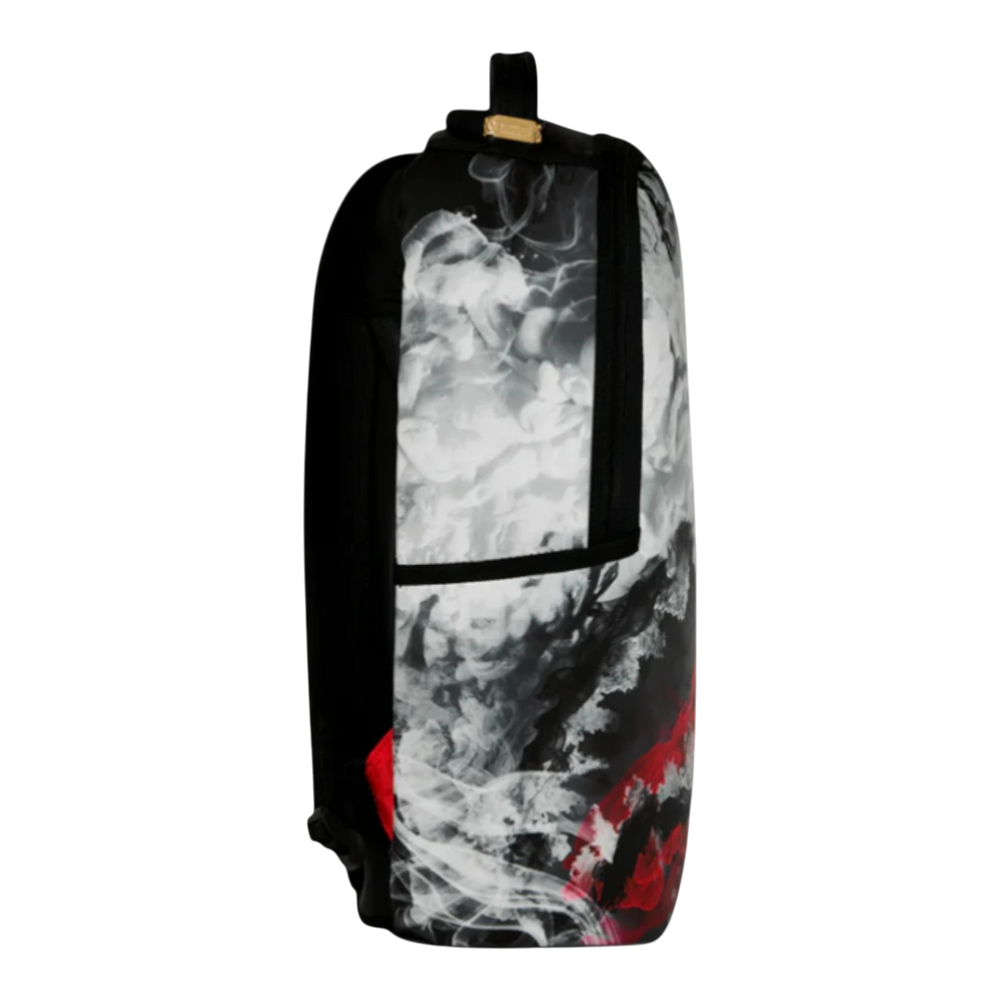 HypeSelection Sprayground Elevate White backpack with smoke graphic print, black sides, and gold hardware.