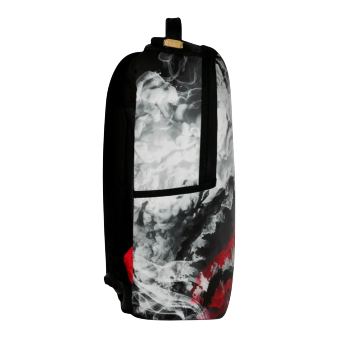 HypeSelection Sprayground Elevate White backpack with smoke graphic print, black sides, and gold hardware.