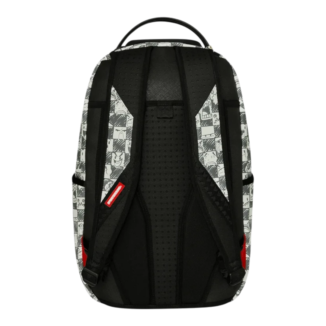 HypeSelection Sprayground Emote Check DLXSV backpack featuring a black and white graphic pattern and padded straps