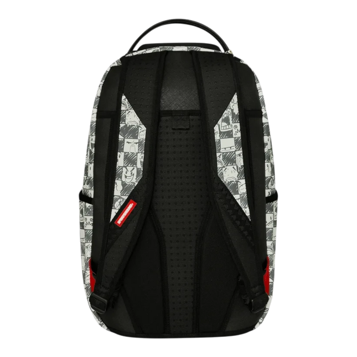 HypeSelection Sprayground Emote Check DLXSV backpack featuring a black and white graphic pattern and padded straps