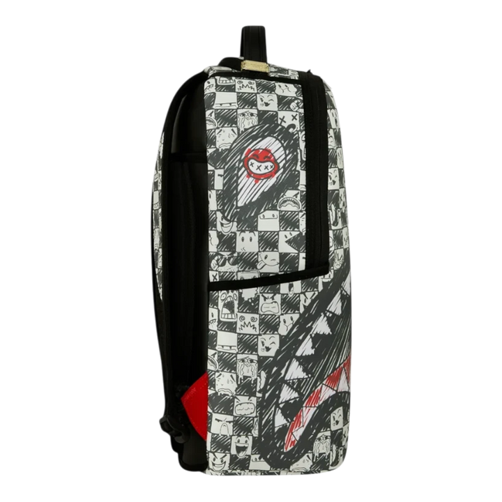 HypeSelection Sprayground Emote Check DLXSV backpack with black and white graphic checkerboard and shark mouth design