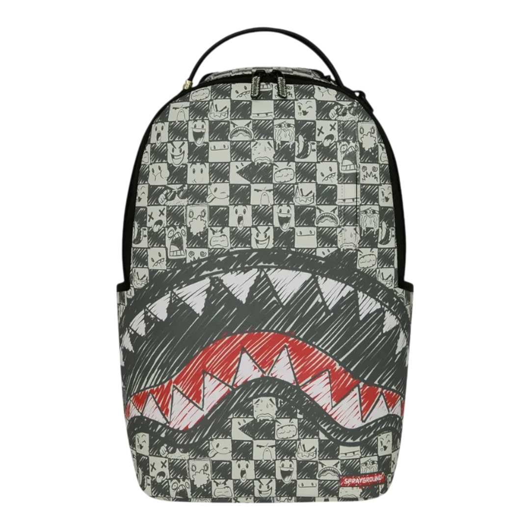 HypeSelection Sprayground Emote Check DLXSV backpack with black and white checkered pattern and iconic shark mouth