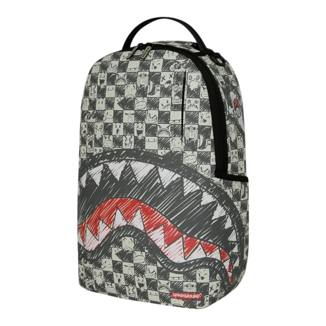 HypeSelection Sprayground Emote Check DLXSV backpack featuring a black and white checkered pattern with shark mouth art