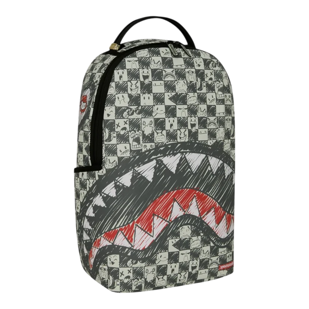 HypeSelection Sprayground Emote Check DLXSV backpack featuring a black and white checkerboard print with shark mouth