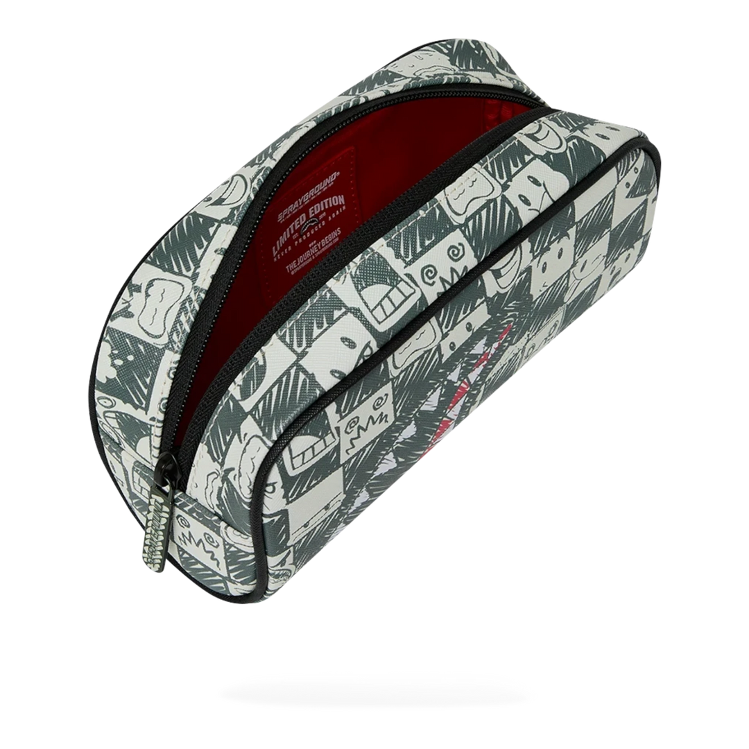 HypeSelection Sprayground Emote Check pencil pouch with grey and white graphic print and red interior lining.