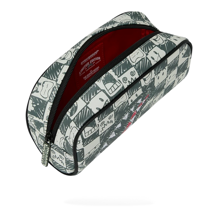 HypeSelection Sprayground Emote Check pencil pouch with grey and white graphic print and red interior lining.