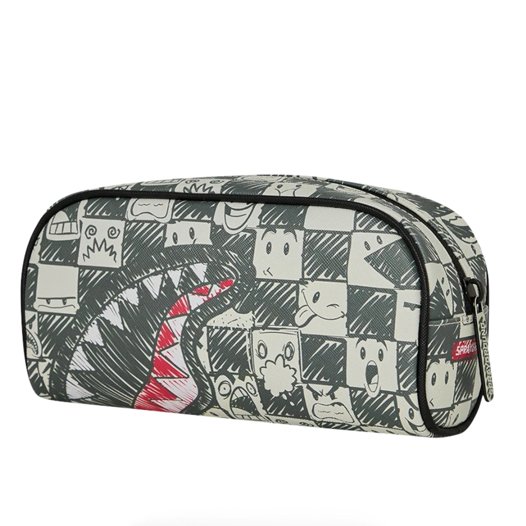 HypeSelection Sprayground Emote Check pencil pouch featuring a black and white graphic print with a red shark mouth.