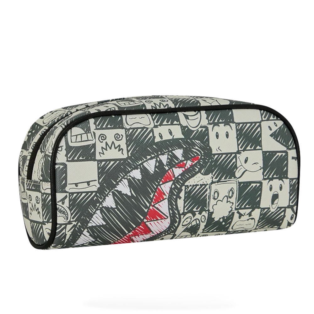 HypeSelection Sprayground Emote Check pencil pouch featuring a black and white graphic checkerboard print with shark teeth