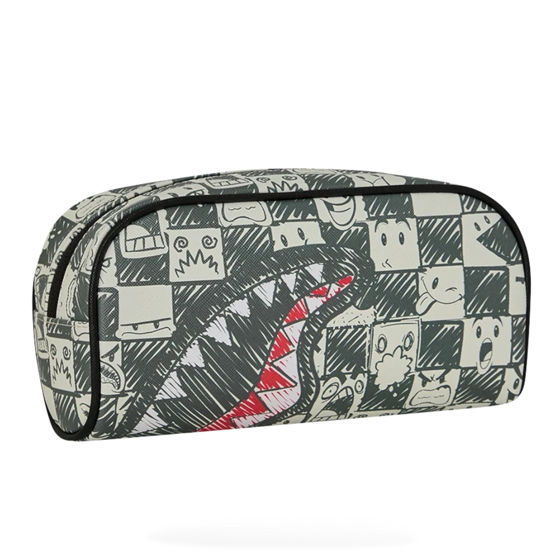 HypeSelection Sprayground Emote Check pencil pouch featuring a black and white graphic checkerboard print with shark teeth