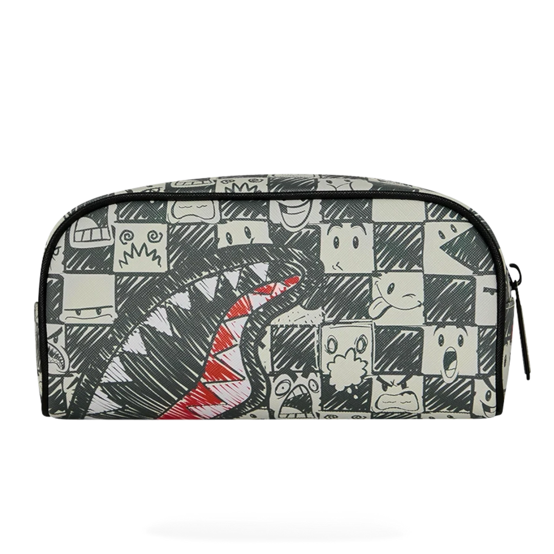 HypeSelection Sprayground Emote Check pencil pouch featuring a black and white graphic checkerboard with shark mouth