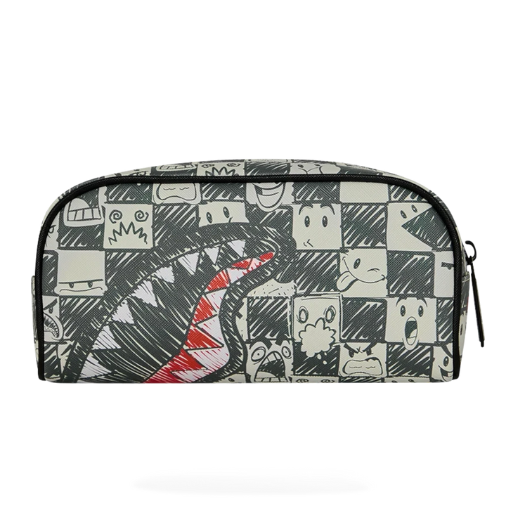 HypeSelection Sprayground Emote Check pencil pouch featuring a black and white graphic checkerboard with shark mouth