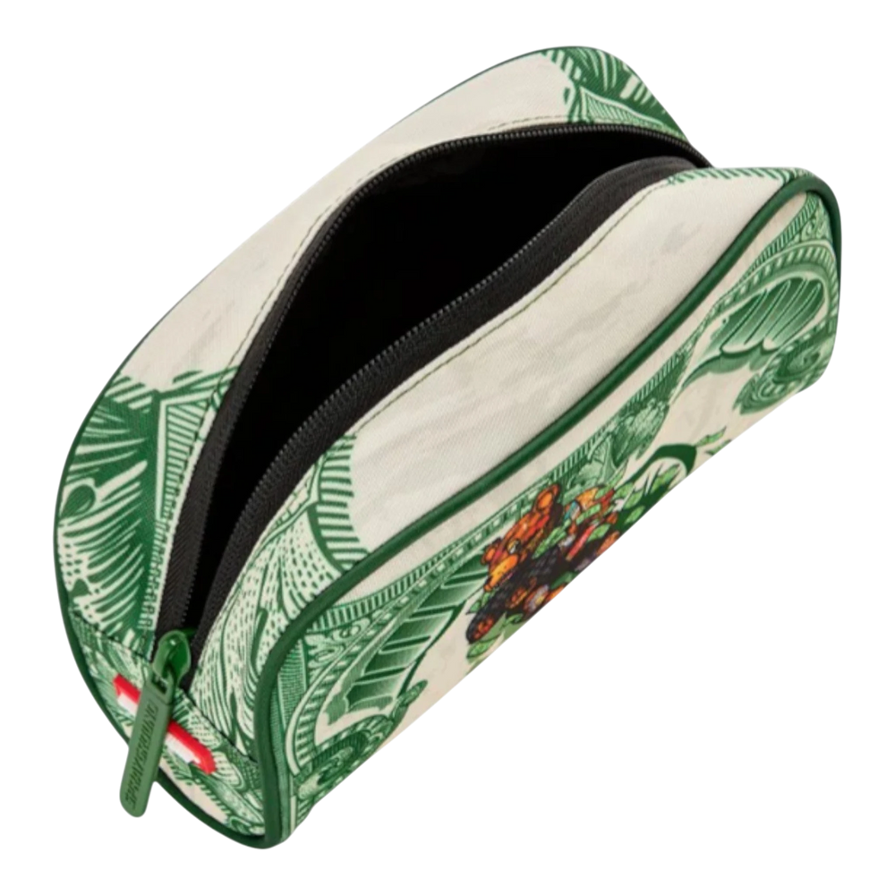 HypeSelection Sprayground Fly Bear 2 pouch in cream with green dollar bill print and graphic bear design. Durable synthetic leather with zip closure.