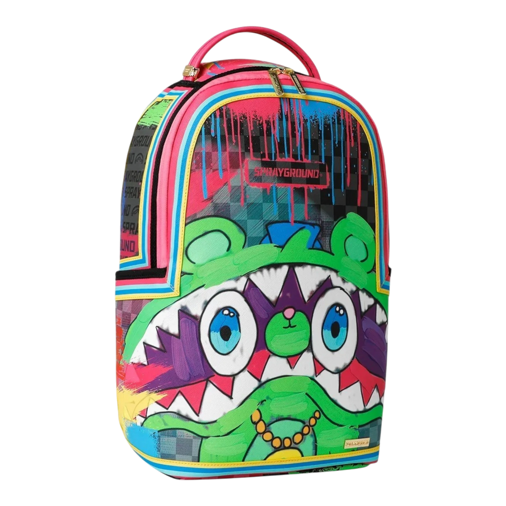 HypeSelection Sprayground New Gary DLXSV backpack featuring a vibrant graphic bear design with pink and green accents.