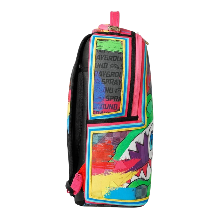 HypeSelection Sprayground New Gary DLXSV backpack featuring a vibrant graphic print with neon accents and side view.