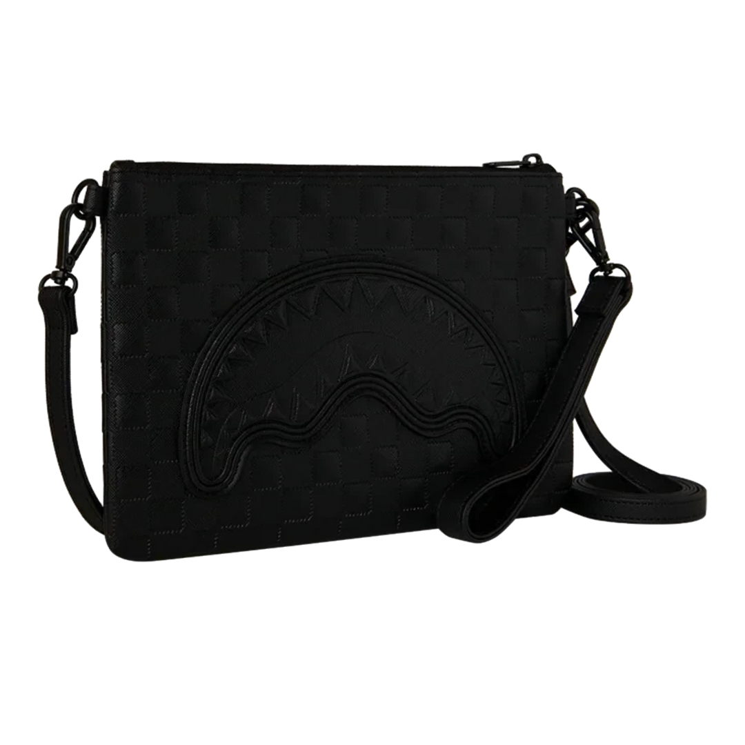 HypeSelection Sprayground The Ghost Maison black crossover clutch with signature shark mouth graphic and checkered pattern