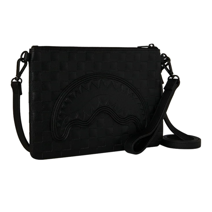 HypeSelection Sprayground The Ghost Maison black crossover clutch with signature shark mouth graphic and checkered pattern