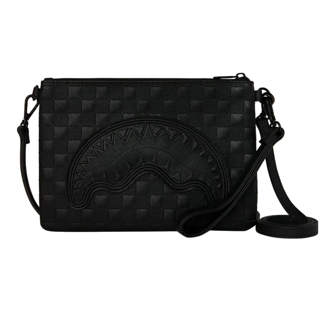 HypeSelection Sprayground The Ghost Maison black quilted crossover clutch with signature shark mouth graphic detail.