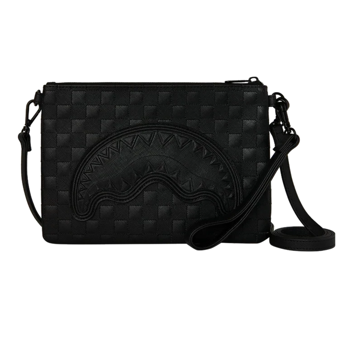 HypeSelection Sprayground The Ghost Maison black quilted crossover clutch with signature shark mouth graphic detail.