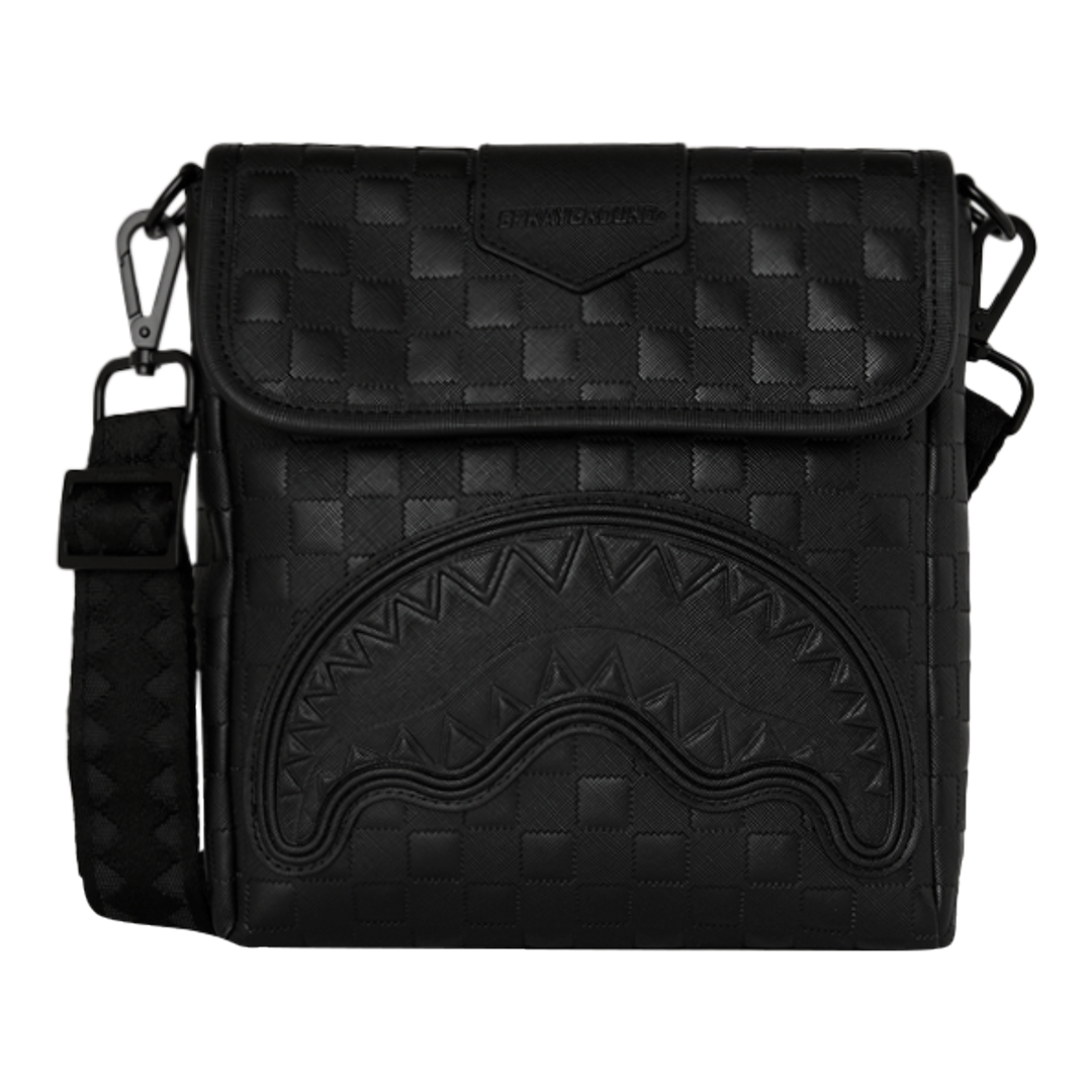 HypeSelection Sprayground The Ghost Maison black faux leather messenger sling bag with signature shark mouth design