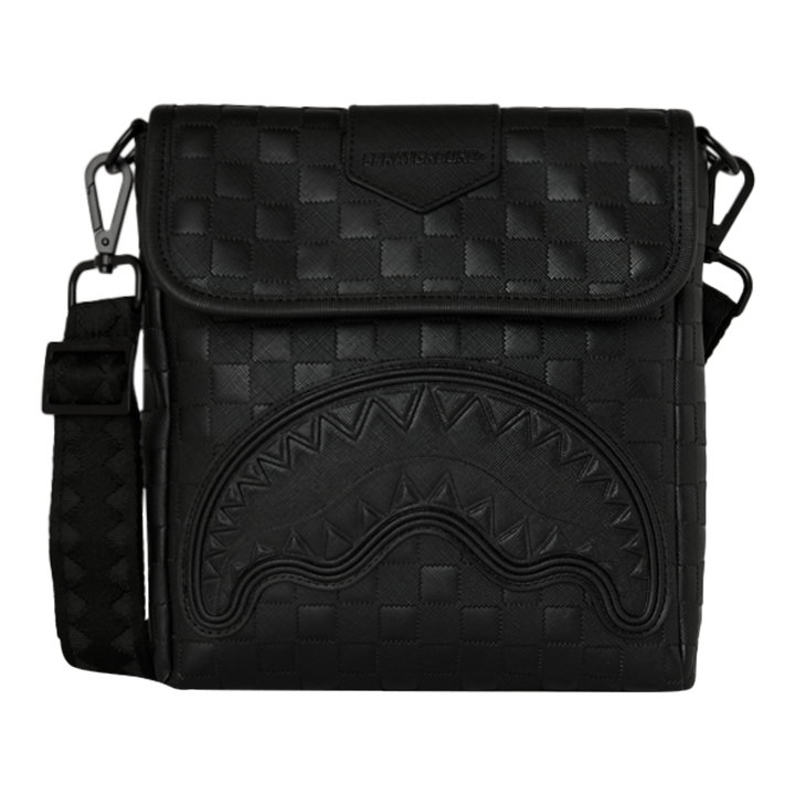 HypeSelection Sprayground The Ghost Maison black faux leather messenger sling bag with signature shark mouth design