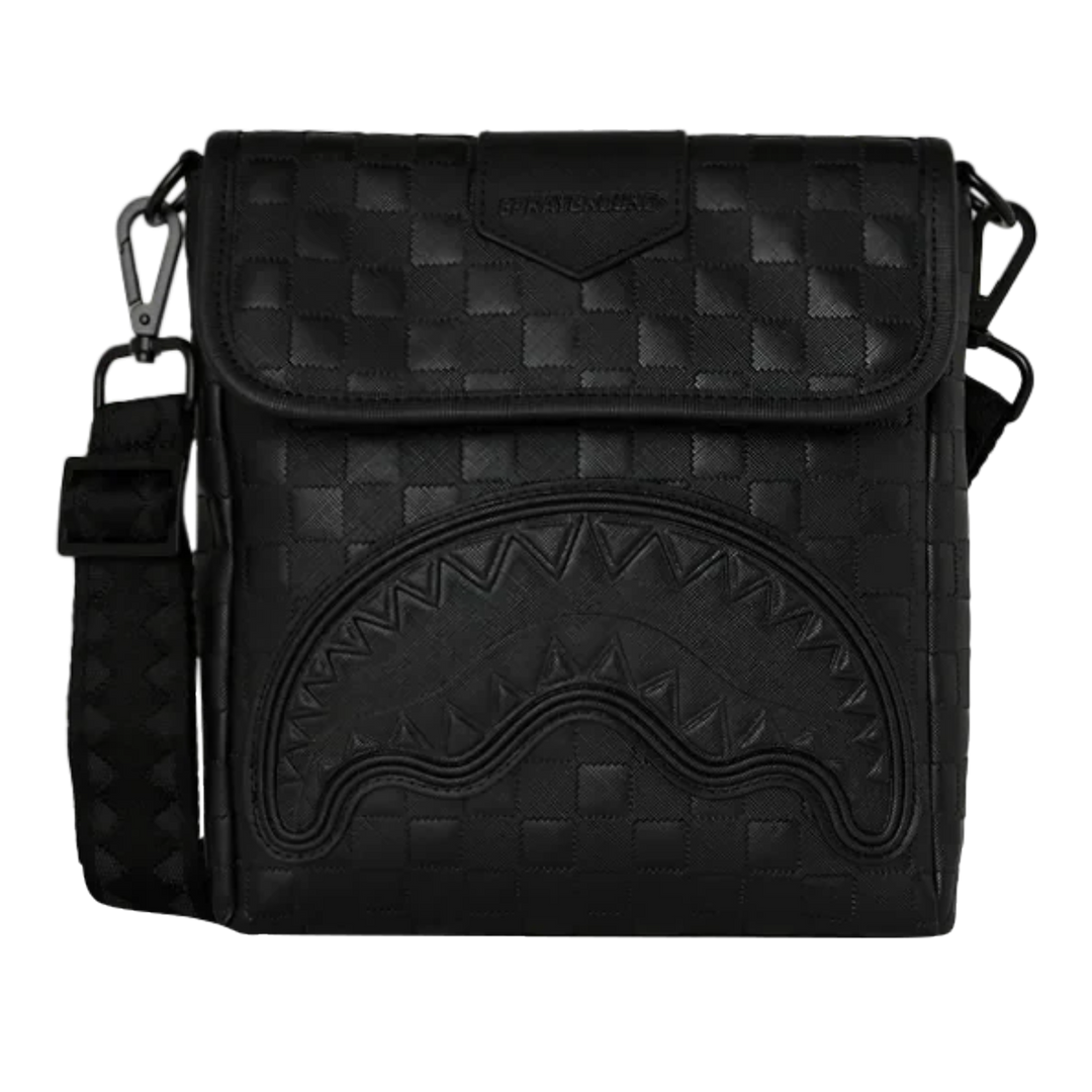 HypeSelection Sprayground The Ghost Maison black faux leather messenger sling bag with signature shark mouth design