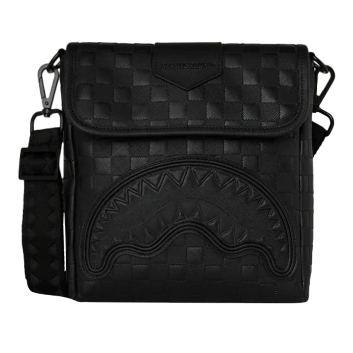 HypeSelection Sprayground The Ghost Maison black faux leather messenger sling bag with signature shark mouth design