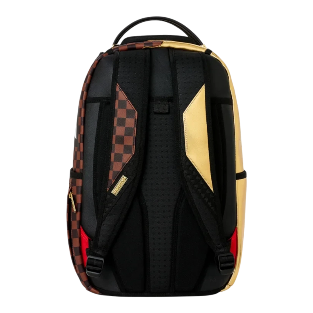 HypeSelection Sprayground Sharks In Paris Gold Drip backpack showing the back panel with checkered and gold straps.