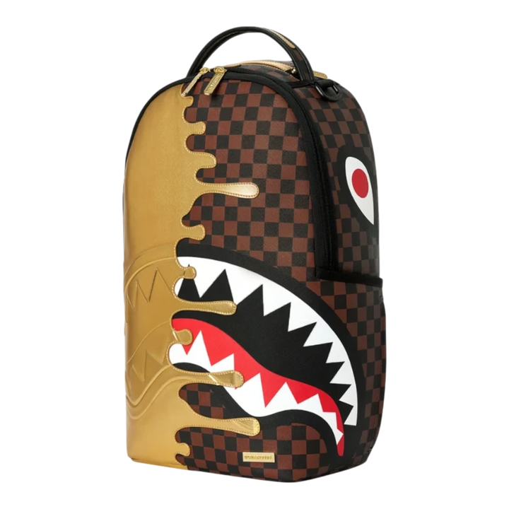 HypeSelection Sprayground Sharks In Paris Gold Drip DLXSV backpack with brown checkerboard and gold drip design.