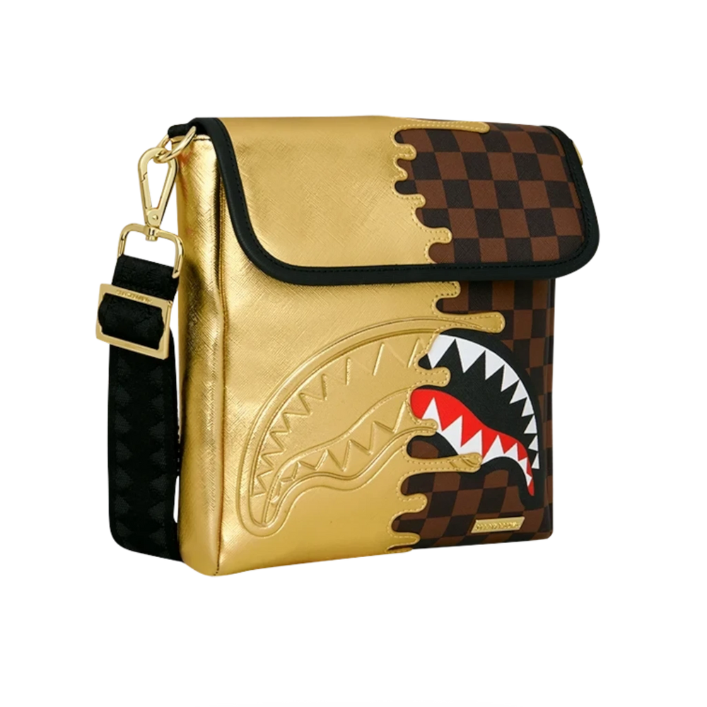 HypeSelection Sprayground Gold Drip messenger sling bag featuring a metallic gold and brown checkerboard shark mouth