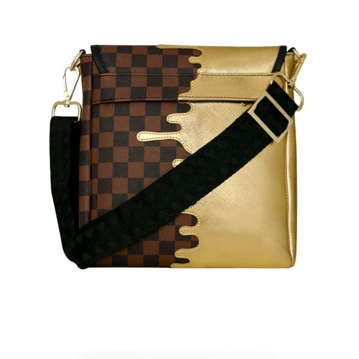 HypeSelection Sprayground Gold Drip messenger sling bag featuring a brown checkered pattern and metallic gold drip