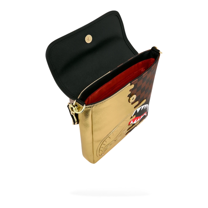 HypeSelection Sprayground Gold Drip messenger sling bag with signature shark mouth graphic and checkered pattern
