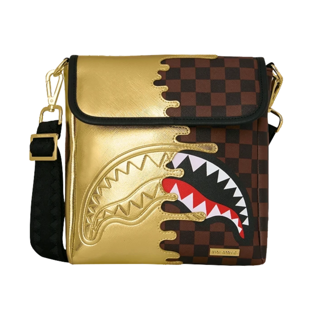 HypeSelection Sprayground Gold Drip messenger sling bag featuring a metallic gold and brown checkerboard shark mouth