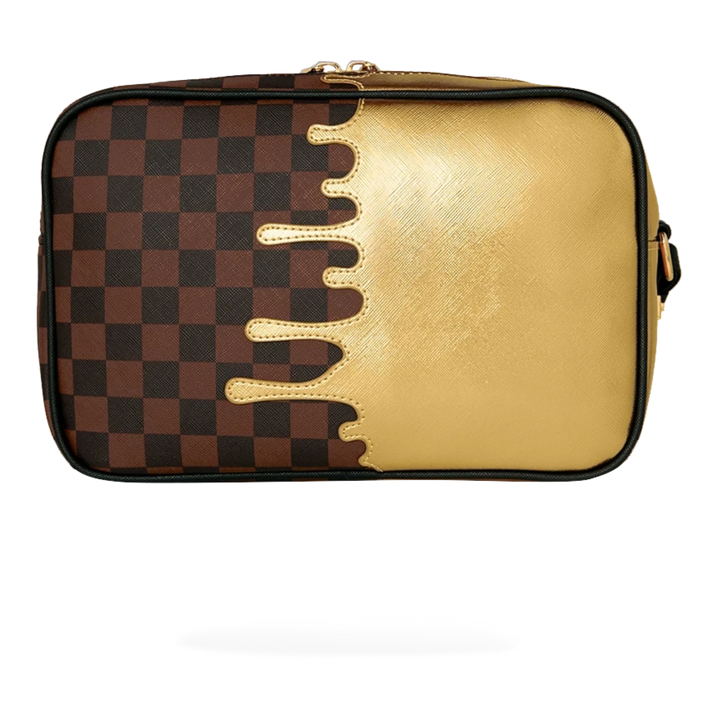 HypeSelection Sprayground toiletry bag featuring a brown checkered pattern with a metallic gold drip design.