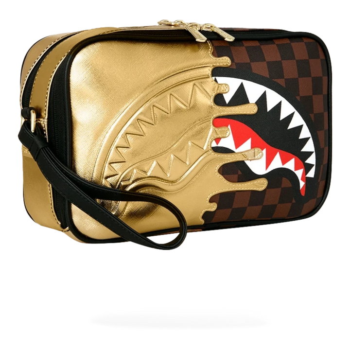 HypeSelection Sprayground Sharks In Paris toiletry bag featuring a gold drip graphic and brown checkerboard pattern.