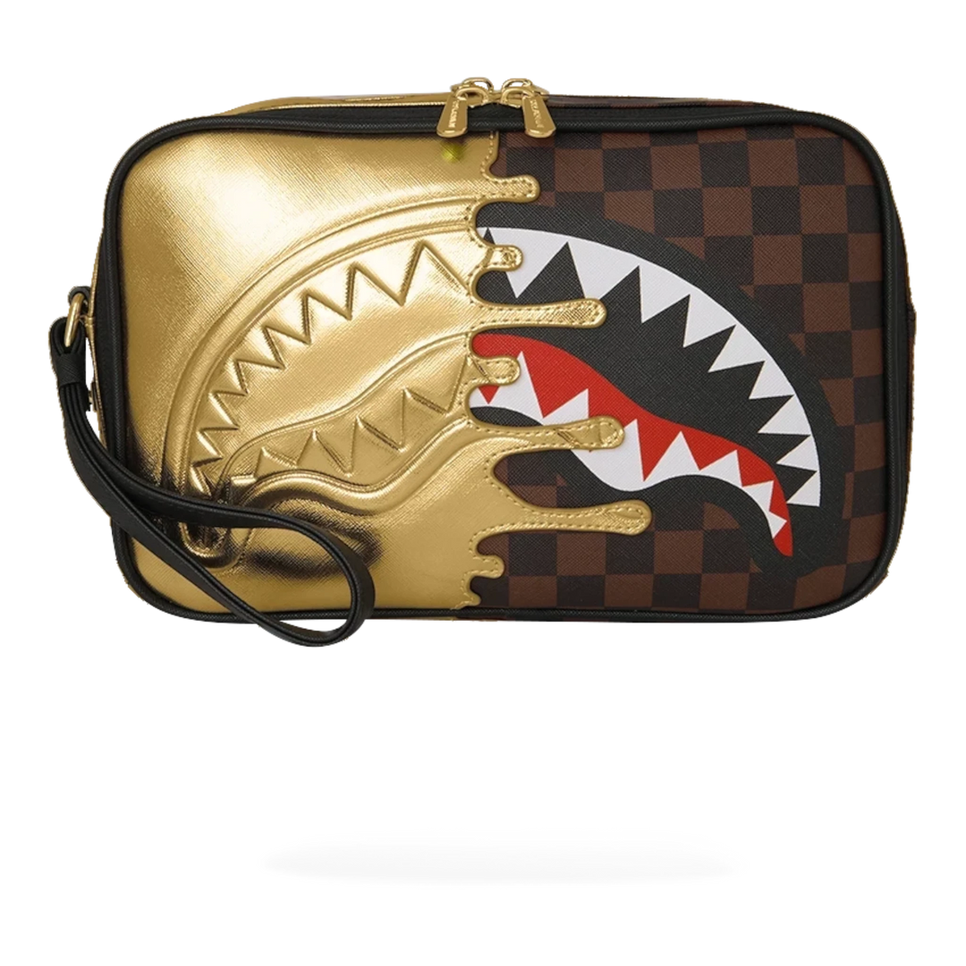 HypeSelection Sprayground Sharks In Paris toiletry bag featuring a gold drip design and brown checkered pattern.