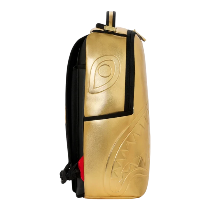 HypeSelection Sprayground Sharks In Paris gold metallic backpack with signature shark mouth graphic side view