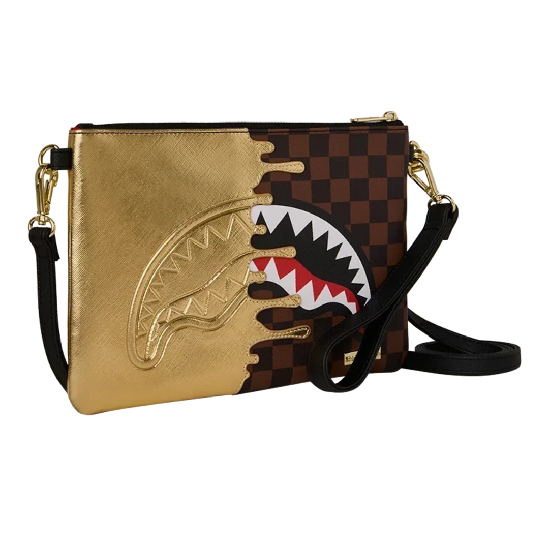 HypeSelection Sprayground Golden Dynasty crossover clutch featuring a metallic gold and brown checkered shark mouth
