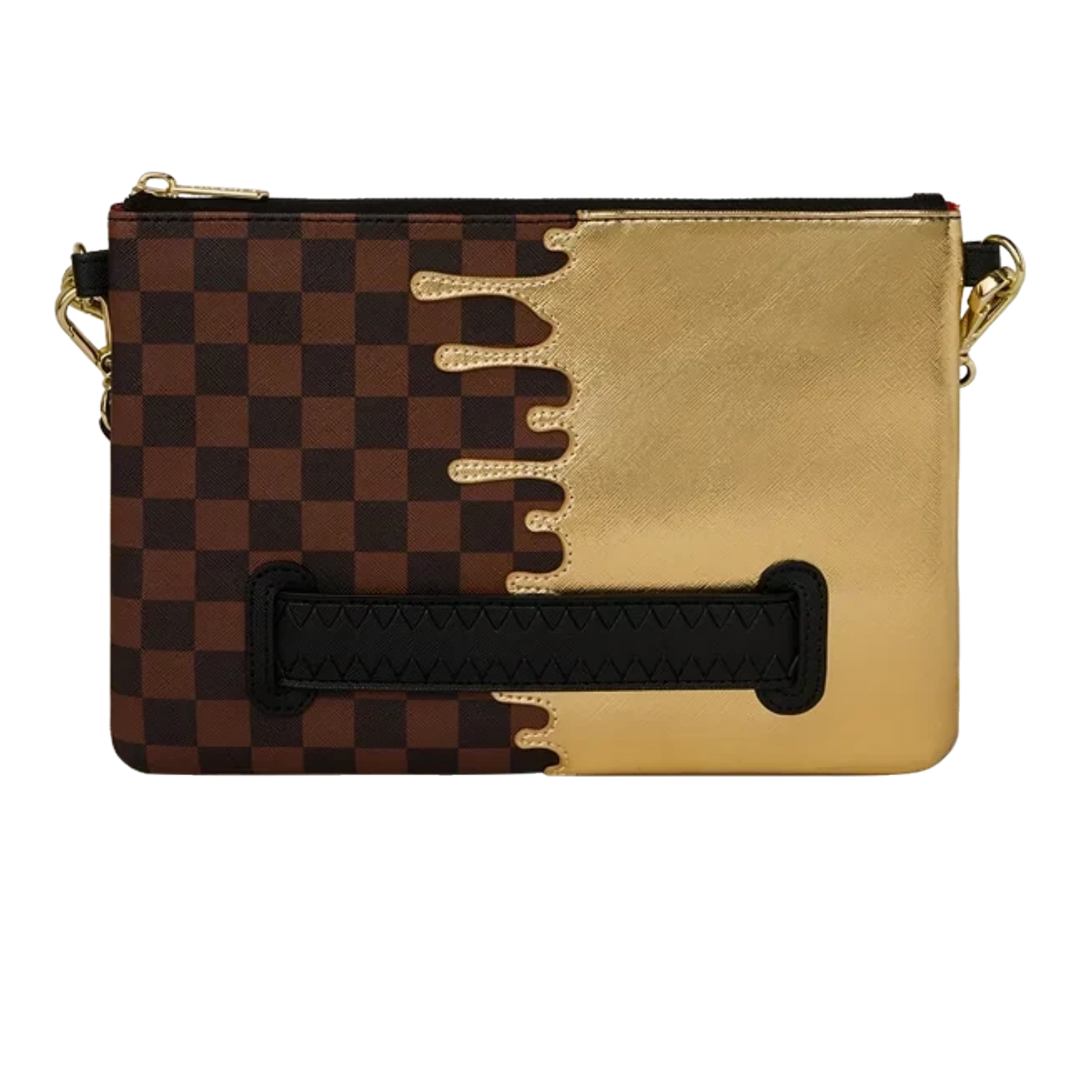 HypeSelection Sprayground Golden Dynasty clutch featuring a brown checkerboard pattern and metallic gold drip design.